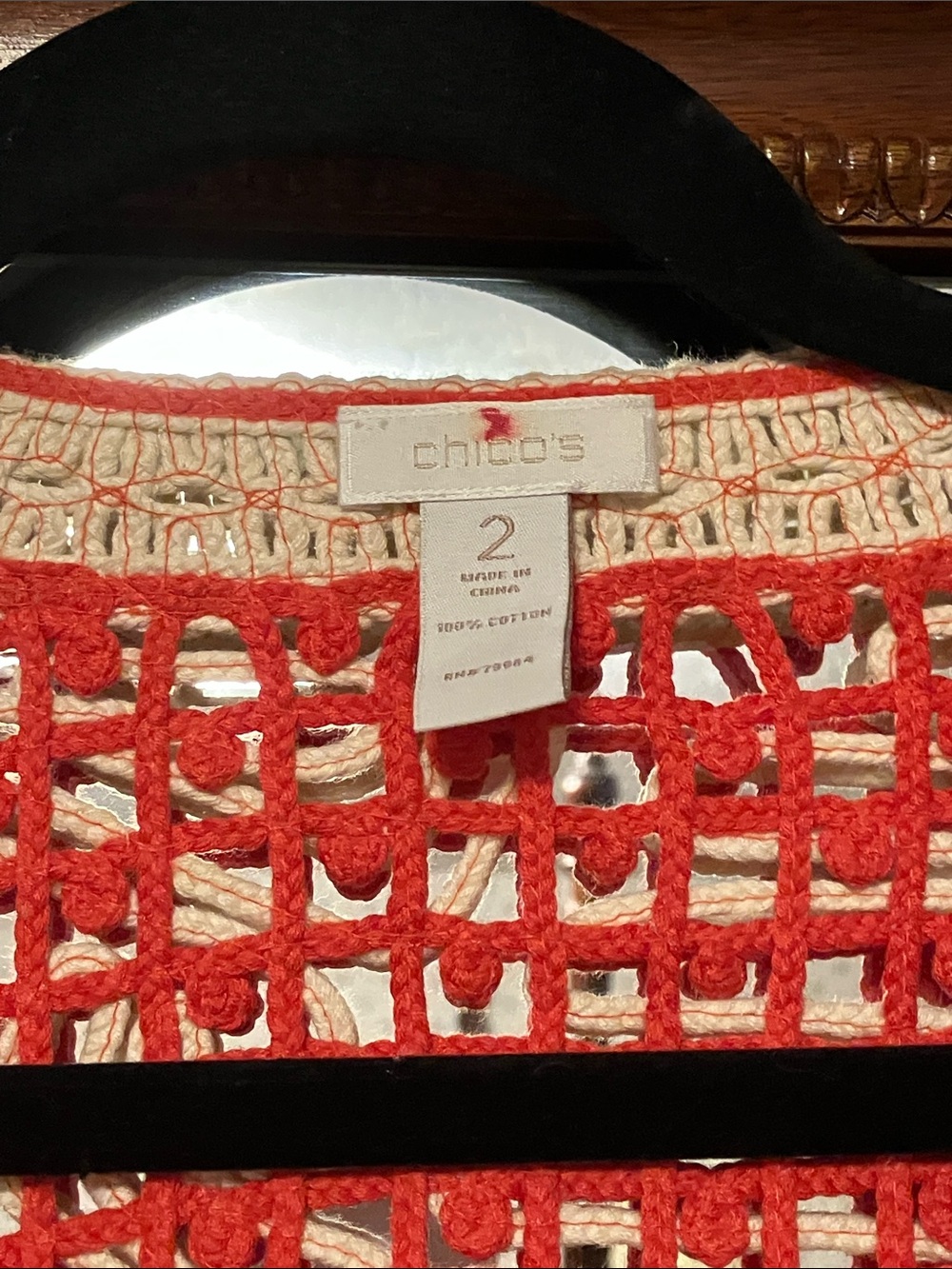 Chico's Red Crochet Open Cardigan with Cream Trim - Picture 2 of 5